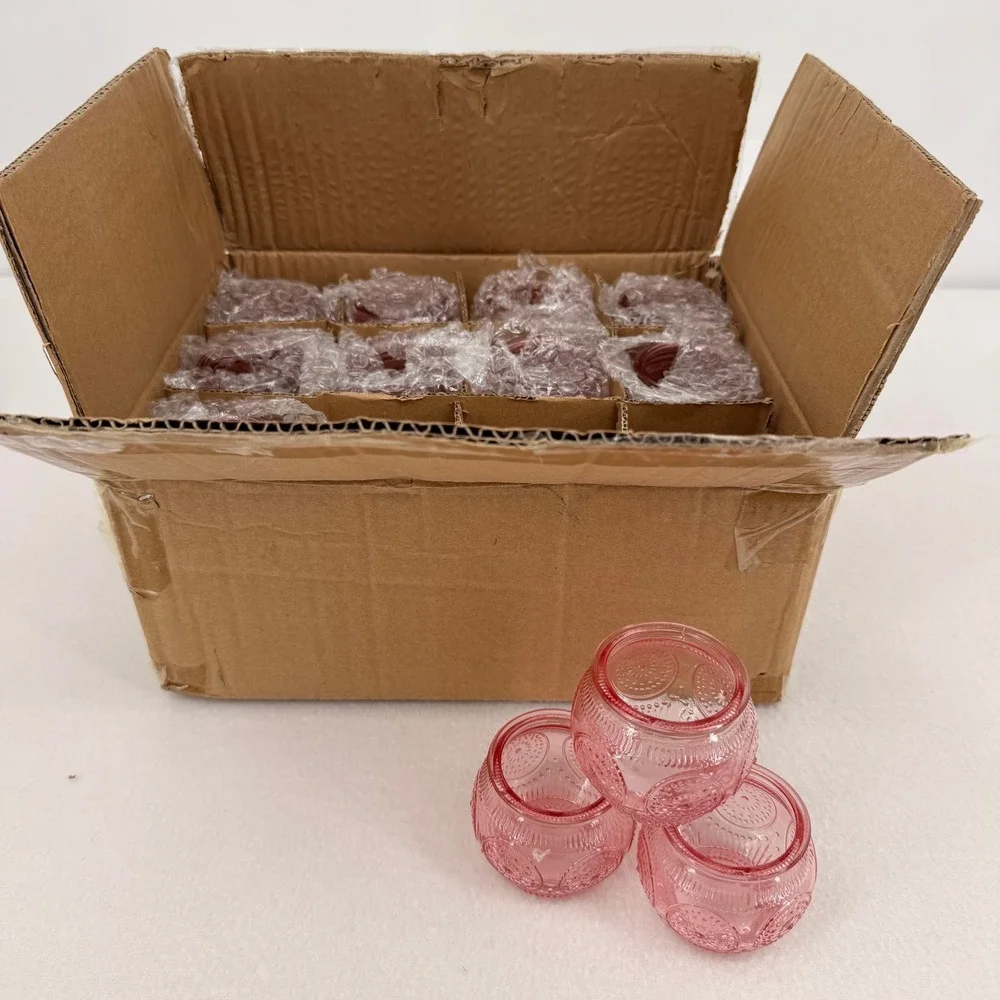 12 Pack Pink Embossed Glass Votive Candle Holders Vintage Hobnail Wedding Decor